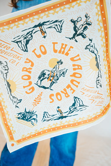 Glory to the Vaqueros Bandana at 6Whiskey six whisky desert white and orange scarf by Sendero
