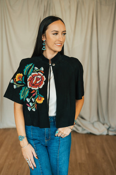 Kaminski Cross Stitch Jacket at 6Whiskey six whisky Double D Ranch folk foray collection C3056 DDR Cape Coat jacket embroidered floral black multicolor tie front concho button