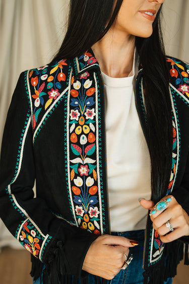 Justyna Jacket at 6Whiskey six whisky Double D Ranch Folk Foray Collection C3055 embroidery goat suede coat black purple multicolor yoke detail fringe mexican inspired