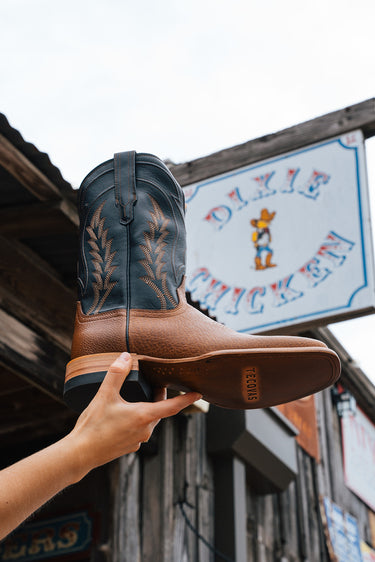 Men’s Tecovas Doc cowboy boots in tan bison leather with navy blue shaft, western embroidery, and square toe at 6Whiskey six whisky bryan college station texas