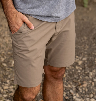 The Balcones Short in Pecan by Texas Standard at 6Whiskey, six whisky, biege, neutral tone, breathable, lightweight fabric, comfortable, casual, western, everyday wear, versatile. Front view.