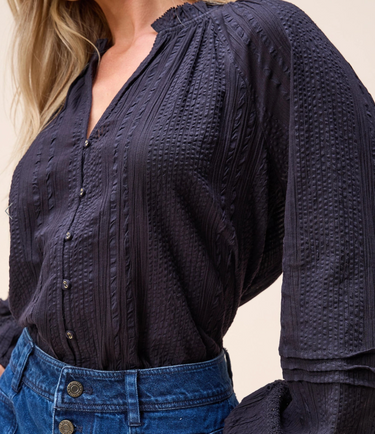 Alicia Blouse in Black by Cleobella at 6Whiskey, six whisky, long sleeve, balloon sleeve, lace, ruffled neckline, neck, button closure on the front, lunch outfit, market, errands, casual western, western inspired, elegant, classy, southern, texas, lone star, womens clothing, womens fashion, timeless, front view.