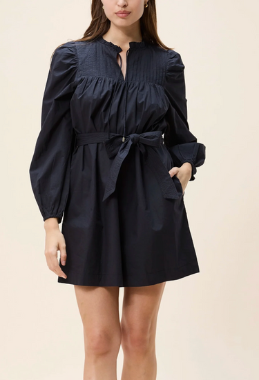 Ivana Mini Dress by Cleobella at 6Whiskey, six whisky, puff sleeves, pockets, lightweight, breezy, elevated, timeless, classy, southern, work wear, lunch date, day to night, date night, western, tie front, split neck, ruffled detailing, puff sleeve, mini dress, short dress, black dress, front view.