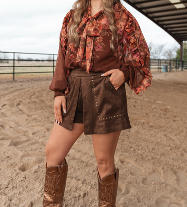 Outlaw Studded Skort at 6Whiskey, six whisky, gold stud detail, front pockets, elastic waistband, panel, soft, comfortable, edgy, western, versatile, closet staple, stand out piece, statement piece, all-year round, round top, rodeo, texas, girls night out, neutral, dark brown, espresso, suede, front view.