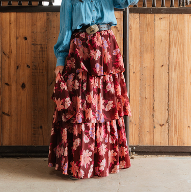 Blossom & Bordeaux Tiered Skirt at 6Whiskey, six whisky, painted flowers, magenta, wine-red, dark pink, light pink, lavender, light purple, ruffle skirt, layered skirt, zipper, feminine, women's fashion, casual western, day to night, spring summer maxi skirt, long skirt, church skirt, easter Sunday outfit, front view.