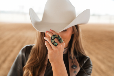 Horseshoe Ring at 6Whiskey, six whisky, chunky, large, silver, turquoise, hand hammered, rope boarder, twist detail, stones, rustic, bold, refined, classic, Santa Fe, west texas, east texas, southern, long star, heritage, grit, timeless, bandana accessory, scarf slide, front view