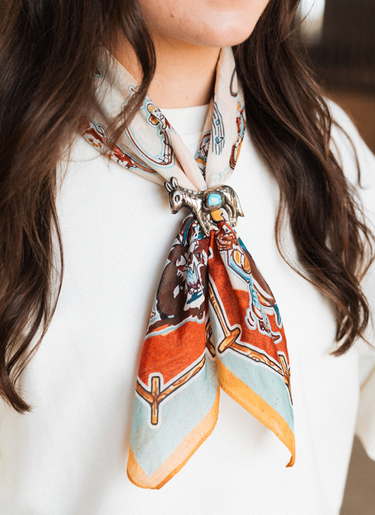 Ranch Party Scarf at 6Whiskey, six whisky, turquoise boarder, rope, fence boarder, red, vibrant, bold, refined, rugged, country, casual western, ranch, lone star state, texas, bucking bronco, horseshoe, horse, cowboy, square scarf, front view