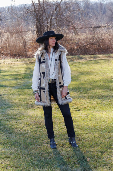 The Dutton Vest by Tasha Polizzi at 6Whiskey, six whisky, The Gabbi Vest, geometric patter, statement piece, bold, faux fur, stylish, unique, original, western couture, chic, layer piece, fall. Front view.