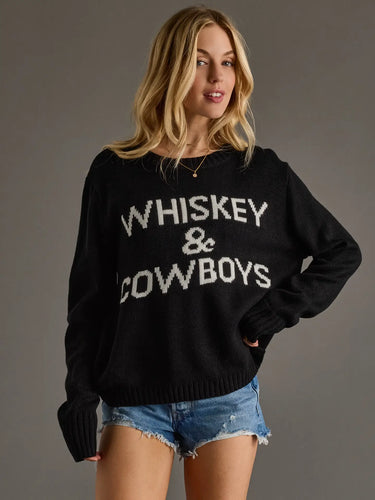 Black Whiskey Sweater at 6Whiskey, soft, casual, western, layer piece, winter, comfortable, knit, ribbed hemline and cuffs, long sleeve, classic, Front view.