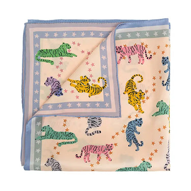 Neon Tigers Silk Bandana, scarf, scarves, neutral light background, orange and pink stars, light purple boarder, light green block lines, blue, yellow, pink, teal, green, and purple tigers, fun, unique, playful, pop of color, turn heads, colorful, bold. Front view.