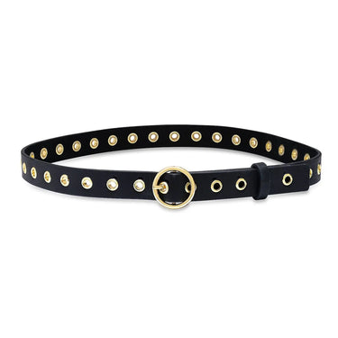 Black Circa Belt at 6Whiskey, six whisky, leather, circle design, gold accent, edgy, rugged, refined, womens fashion, modern western, trendy, day to night, country concert, date night, night out, lunch date, front view.