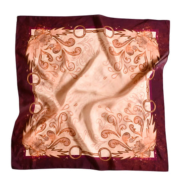 Mulberry Bloom Scarf at 6Whiskey, six whisky, silk square scarf, maroon boarder, cream and pink color tones, floral design, scroll design, chain design, western scarf, accessory, womens accessory, bandana, gameday outfit, tailgate, sec, texas a&m, aggie. Front view.
