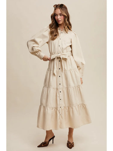 Bone Tiered Maxi Dress at 6Whiskey, six whisky, beige, collared, rustic front button detail, front bow, flowy, flattering silhouette, puff long sleeve, cuff wrist, casual western, versatile, timeless, high-quality material, front view