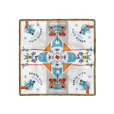 Space City Silk Scarf, cowboy, rocket, spaceship, texas graphic, oil rig, texas flag, cowboy boot, bluebonnets, Houston, TX, texas pride, lone star style, white background, asymmetrical design, unique, statement piece, graphic design. Front view.