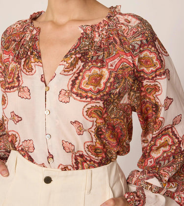 Pink Paisley Blouse at 6whiskey cleobella soft pink and rust paisley print, long sleeve, raglan sleeve, ruffle details, button loop front, mini side slits, relaxed fit, organic cotton, bra friendly, women's top, vintage boho style.