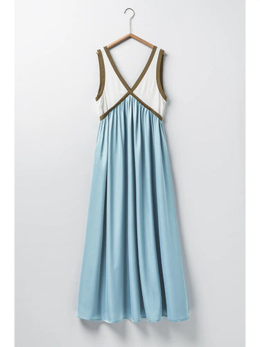 The Seabreeze Contrast Maxi Dress with bold piping detail, sleeveless design, and flowy full-length skirt in blue 6Whiskey six whisky womens summer casual brunch dress