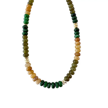 Desert Green Bead Necklace - Short at 6Whiskey, six whisky, green, teal, brown, cream, gold, layer piece, standalone, western, casual, eclectic, artisan, timeless, elegant, bold, front view.