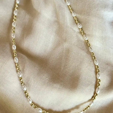 Gold and Pearl Necklace at 6Whiskey six whisky jewelry accessory gold plated oval shaped pearl beaded womens 16 inch length