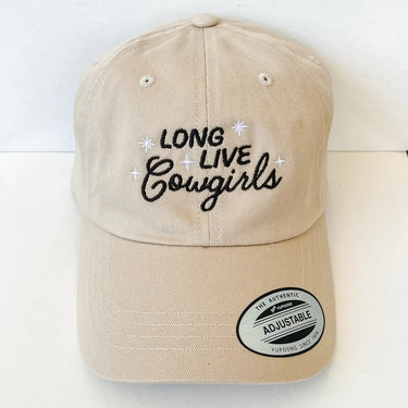 Long Live Cowgirls Hat at 6Whiskey, six whisky, beige, beige, baseball cap, adjustable fit, comfortable, casual, block lettering, cursive lettering, embroidery, stars, western, casual, everyday accessory, women's fashion, errands, market, front view