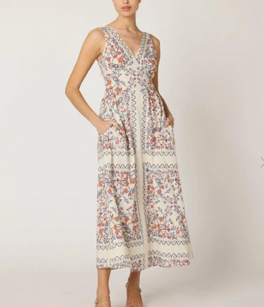 La Ramons Ankle Dress by Cleobella at 6Whiskey, six whisky, v-neckline, floral vintage patchwork design, bandana design, fun, flirty, midi, front pockets, sleeveless, flowy, fall dress, spring and summer dress. Front view.