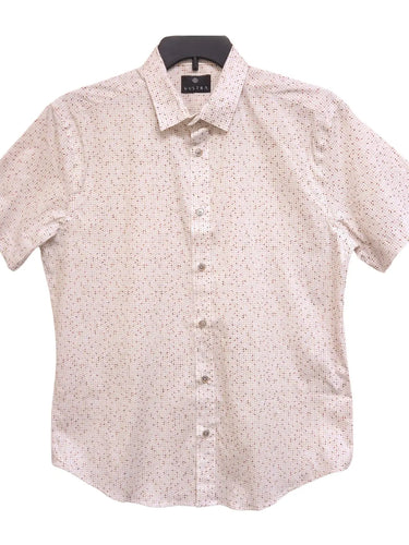 Mesa Short Sleeve at 6Whiskey six whisky. A cream short-sleeve button-down shirt with a subtle, multicolor micro-print pattern, displayed on a hanger against a white background.