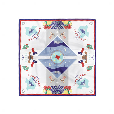 Lone Star State Silk Scarf, bandana, square, soft, smooth, texas icon graphics, texas pride, lone star, blue bonnet, cowboy boot, texas outline, texas flag, cactus, horseshoe, asymmetrical, stars, scallop boarder, red, white, blue, yellow, brown, green. Front view.