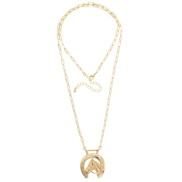Horseshoe Pendant Necklace at 6Whiskey, six whisky, delicate chain, horseshoe, horse, chunky, bold, equestrian, playful, horse girl, texas, western, south, cowgirl, cowboy, layer necklace, adjustable, 18k gold plated, gift idea, front view