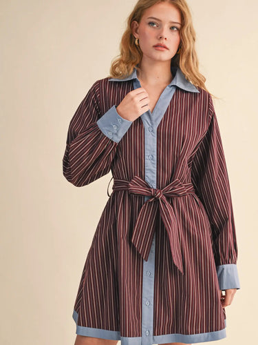 The Malboro Dress at 6Whiskey, six whisky, long sleeve, balloon sleeve, cuff, contrast placket collar and sleeve hem, bow detail, belt loops, light blue, burgundy, ivory pinstripe, business casual mini dress, work to weekend, work outfit, rodeo, country concert, lunch date, breathable, lighweight, feminine silhouette, chic, front view.