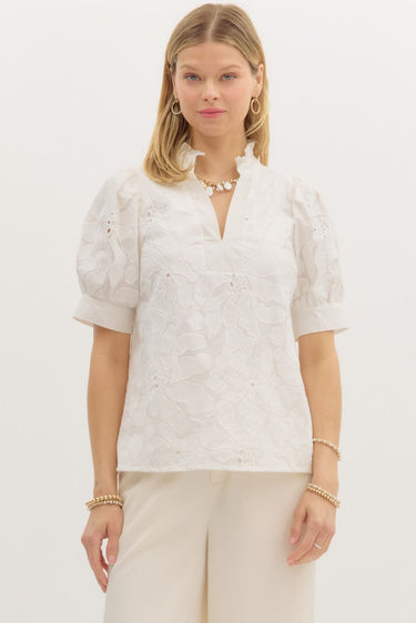 Floral Texture Top at 6Whiskey, six whisky, floral embroidery, white, split neckline, bubble sleeves, cuffed hems, flowy, southern charm, classy, stylish, cute, western, casual, aggies, tailgate, SEC, gameday, football game, front view.