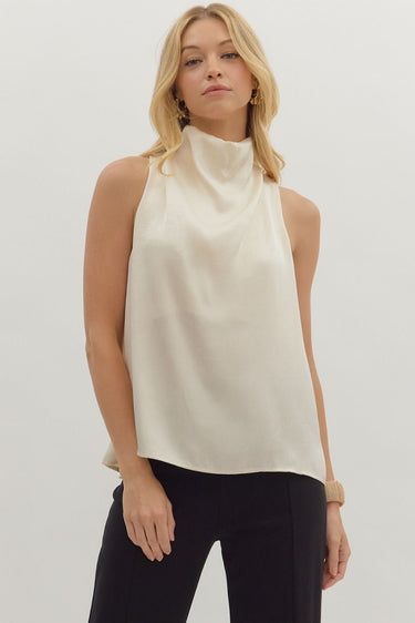 Champagne Toast Tank at 6Whiskey, six whisky, mock neck, button closure, eyelet back, sleeveless, silky fabric, elegant, chic, effortless, western cutore, flowy, classy, night out, aggie game day, sec game day, tailgate. Front view.
