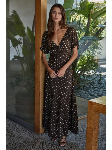 Stella Polka Dot Maxi Dress at 6Whiskey, six whisky, ruffle sleeves, v-neckline, tie detail, dark brown, espresso brown, white polka dots, casual western dress, throw on and go, rodeo, fall, winter, lunch date, SEC gameday, versatile dress, front view.