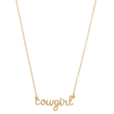 Cowgirl Cursive Necklace at 6whiskey, six whisky, gold chain, delicate, effortless, elevated, chic everyday, casual, southern, country, western, durable, refined, polished, classy, texas, layering necklace, shiny, stylish adjustable, comfortable, front view