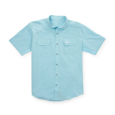 Rio Outdoor Button Down in Light Blue by Two Dove at 6Whiskey, six whisky, collared, short sleeves, front pockets, ventilated, breathable, summer and spring, elevated, polished, pristine, casual, comfortable, stylish, preppy, country, southern charm, Southern style, texas, front view