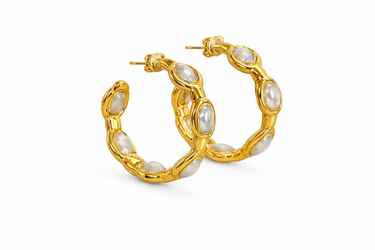Pearl Paradise Hoops at 6Whiskey, six whisky, paradise hoops, gold, pearl, onyx, stones, feminine, statement, everyday, stackable, southern charm style, SEC sorority girl, modern gold jewelry, earrings, accessory, casual, feminine, south, 18k gold plated, front view