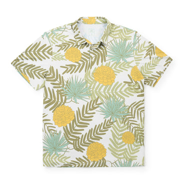 Yellow Rose Polo by Two Dove at 6Whiskey, six whisky, short sleeve, collared, stretchy, moves with you, golf, bbq hangout, lunch, vacation shirt, spring, summer, southern men, texas, floral print, personality, fun, breathable, lightweight, performance shirt, ventilation, soft, comfortable, front view