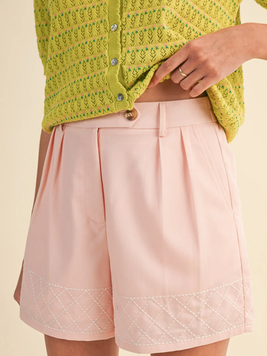 Rosebud Stitched Shorts at 6Whiskey, six whisky, baby pink, light pink, dusty pink, tailored look, pleated, tortoise shell buttons, belt loops, side pockets, faux back pockets, diamond embroidery white hem stitching, high waisted, flattering, feminine, southern charm, southern belle, girly, lined, modest length, summer and spring style, lunch, church, errands, market, casual chic, effortless cool, it girl, polished, put together, refined, front view
