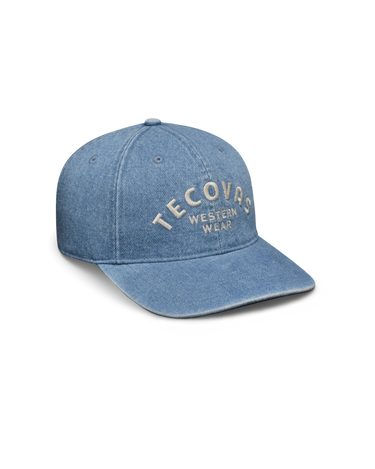 Tecovas Denim at by Tecovas at 6Whiskey, six whisky, embroidered, "Tecovas Western Wear" graphic, denim, 6 panel, adjustable back cap, baseball cap, casual accessory, casual western, everyday, versatile, men's accessory, women's accessory, hat, spring, summer, fall, go-to, refined, easy, front view