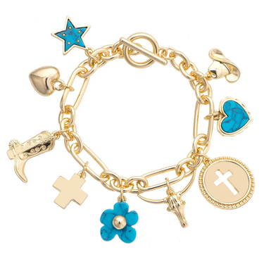 Cowboy Charm Bracelet at 6Whiskey, six whisky, chunky bracelet, heart charm, cross, skull, cowboy boot, flower, studded, shiny 18k gold plated, chain link, stackable, standalone, preppy western, casual western, bold, girly, sorority girl, turquoise, blue marble, front view
