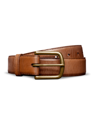 Men's Brown Goat and Cowhide leather Belt by Tecovas at 6Whiskey, six whiskey, antique brass hardware, 5 holes adjustable, high quality leather, durable, western, elevated, elegant, sleek, day to night, casual or dressy, must-have, men's gift, accessory, leather belt, front view. match your tecovas boots.