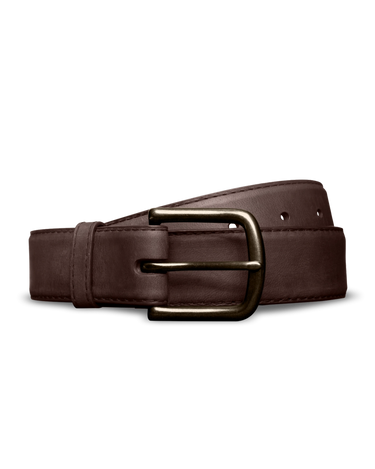 Men's Cafe brown goat and Cowhide leather Belt by Tecovas at 6Whiskey, six whiskey, antique brass hardware, 5 holes adjustable, high quality leather, durable, western, elevated, elegant, sleek, day to night, casual or dressy, must-have, men's gift, accessory, leather belt, front view.