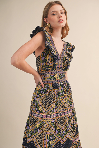 Midnight Garden Dress at 6Whiskey six whisky, panel, geometric, floral, patterned, purple, navy, yellow, orange, green, split neckline, v-neck, sleeveless, ruffle sleeve, ruffle hem, smocked back, feminine fit, flattering, romantic, dramatic, bold, eye-catching, edgy western, cool girl, eclectic, elevated, women's dress, midi dress, women's clothing, fashion, front view