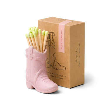 Pink Boot Match Holder at 6Whiskey, six whisky, tiny, miniature, home decor, candle accessory, match holder, western decor, shelves, coffee table, in-table, countertops, cozy, playful, fun, gift idea