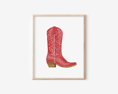 Red Boot Art Print by Catherine Cartie at 6Whiskey, six whisky, modern, trendy, sleek, western, fun, sassy, watercolor, painting, hand painted, old west series, home decor, display art, front view.