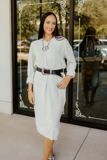 Grey Heather Lounge Dress at 6Whiskey six whisky casual dress comfortable easy midi length long sleeve things between v neck collared