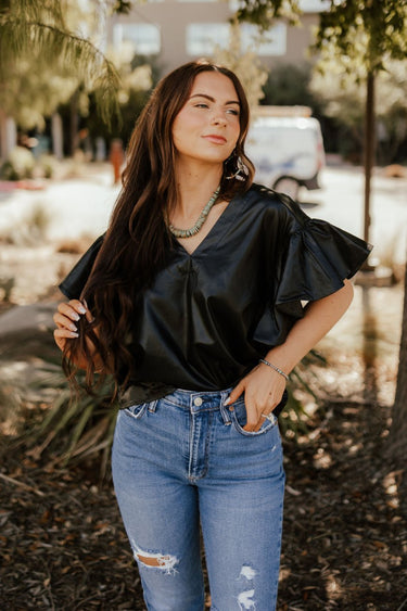 Black Leather Ruffle Top at 6Whiskey six whisky ruffle short sleeve black faux leather boxy keyhole back