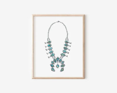 Squash Blossom Art Print by Catherine Cartie at 6Whiskey, six whiskey, turquoise, light blue, silver, white background, sleek, modern, elegant, vintage, timeless, home decor, home goods, art, gift, classic, front view.