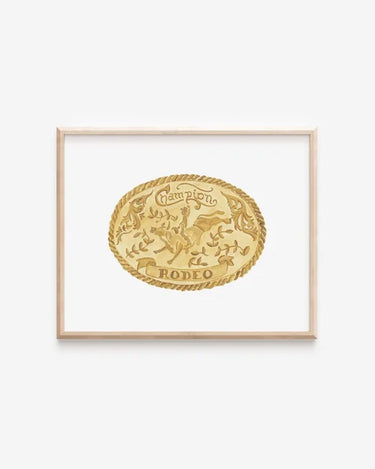 Trophy Buckle Art Print by Catherine Cartie at 6Whiskey, six whisky, rodeo, champion, bucking bronco, rope, braided detailing, gold, yellow, white, watercolor, home decor, art, western, texas, vintage, classic, rugged, front view.