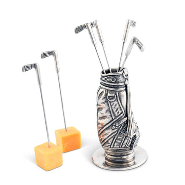Golf Bag Cocktail Picks at 6Whiskey, six whisky, silver, pewter, stainless steel, high quality, durable, elevated, classy, elegant, sporty, unique, golf clubs picks, cheese pick, appetizer accessory, charcuterie board accessory, gift idea, men's gift, front view