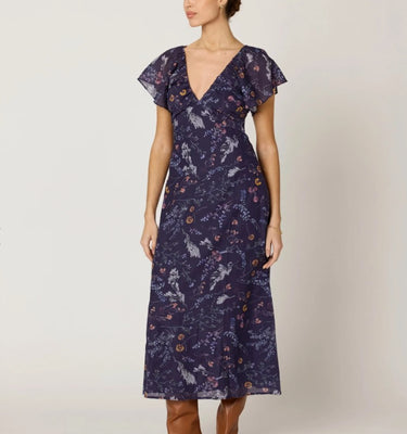 Victoria Midi Dress by Cleobella at 6Whiskey, six whisky, v-neckline, flutter sleeves, flattering, cinched waist, stylish, romantic, date night, night out, western, casual, everyday, fall, winter, pleated bust. Front view.