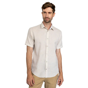 Vustra Sandcastle Short Sleeve Shirt – Men's Sustainable Linen Cotton Button-Down in Neutral Sand Color, Lightweight and Breathable for Warm Weather, Available at 6Whiskey six whisky